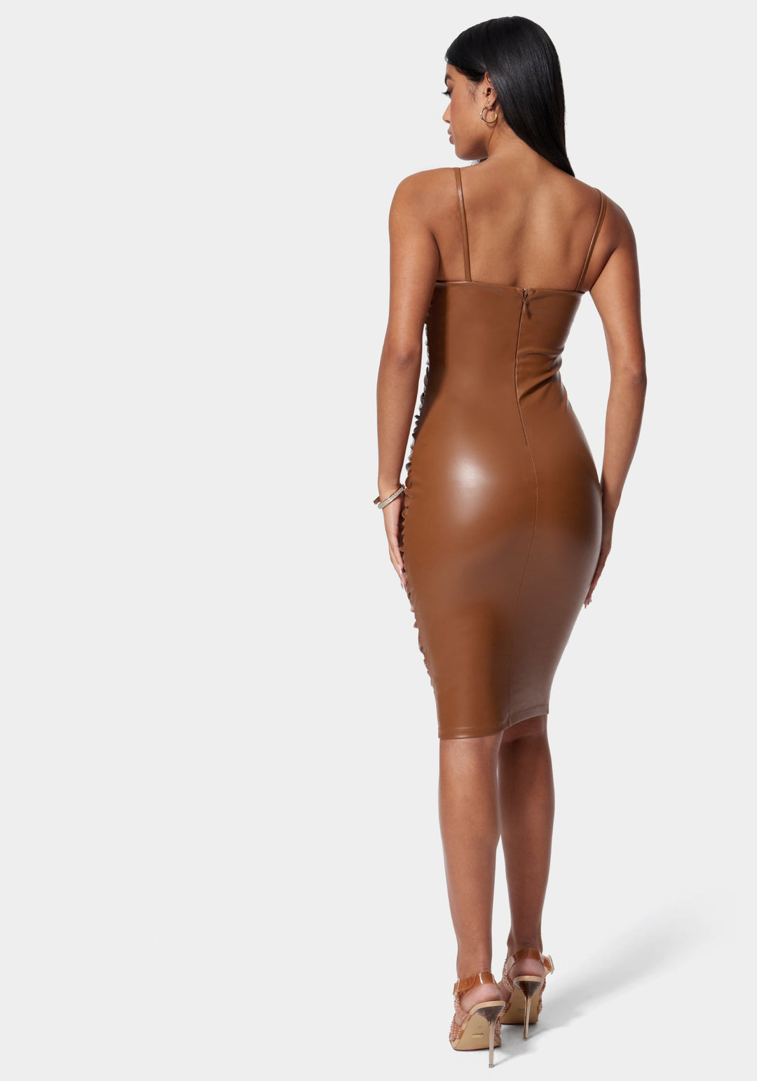 Ruched Midi Vegan Leather Dress bebe Ruched Midi Vegan Leather Dress bebe