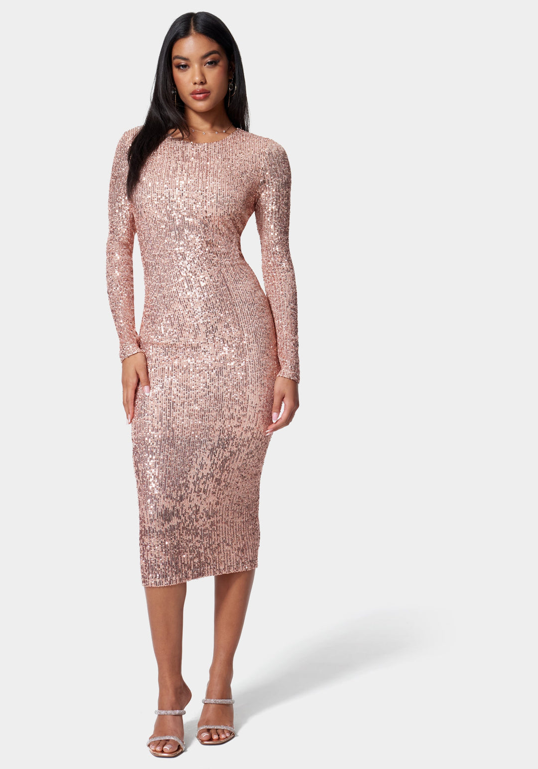 Sequin Cowl Back Midi Dress in Rose Gold - bebe Sequin Cowl Back Midi Dress in Rose Gold - bebe