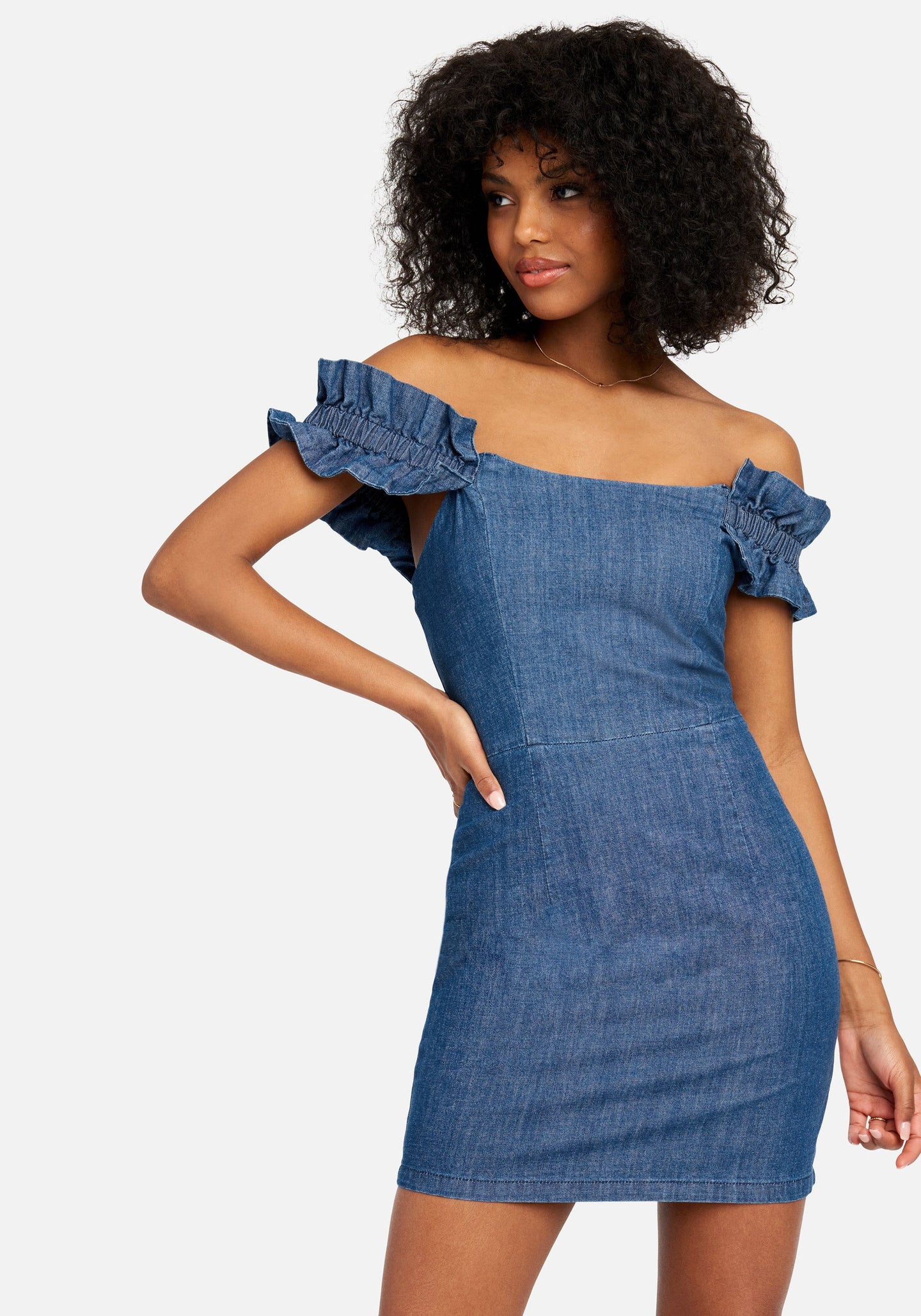 Off Shoulder Ruffle Detail Denim Dress | bebe