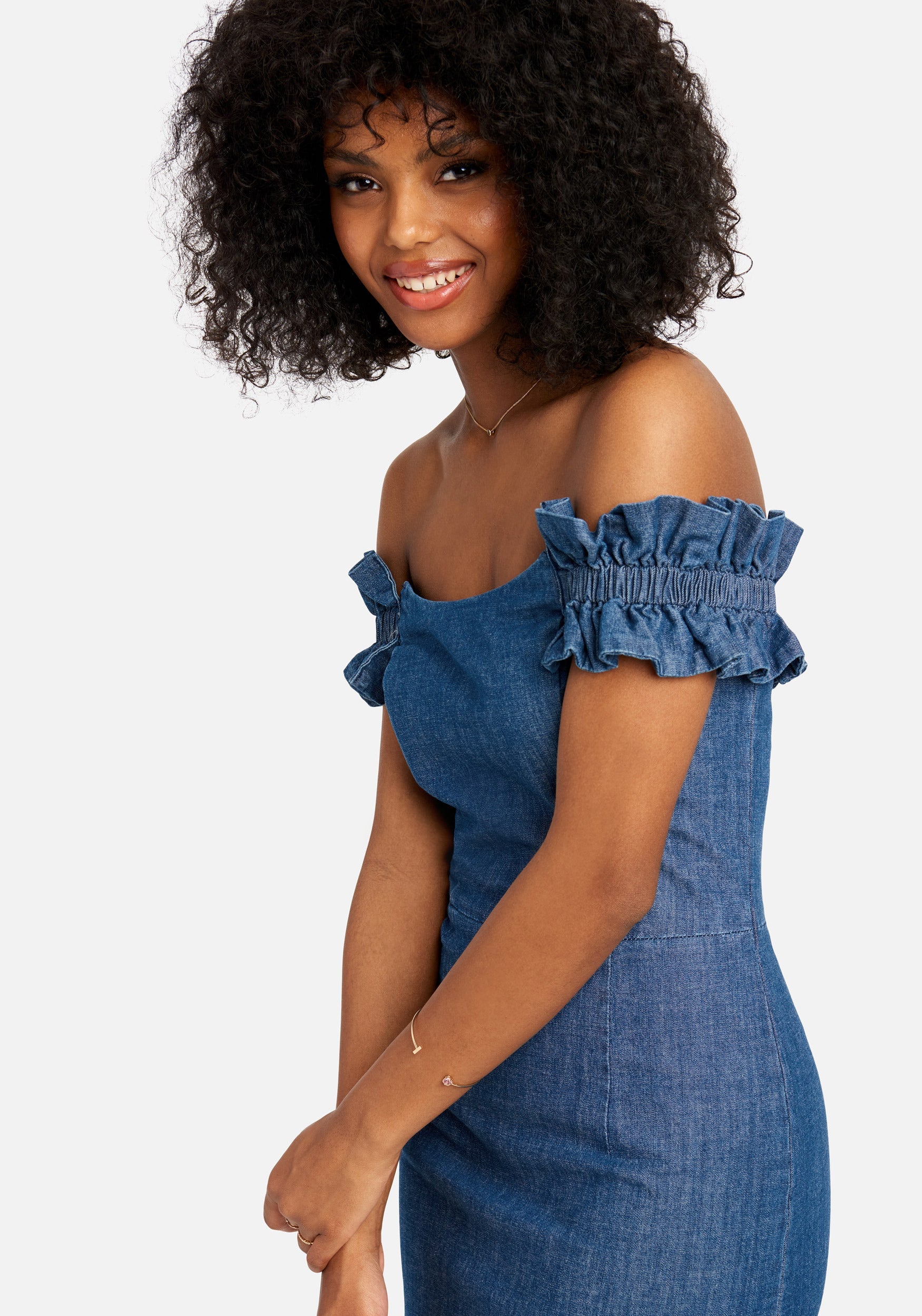 off the shoulder blue jean dress Ms. Parker Off the Shoulder Denim Dress