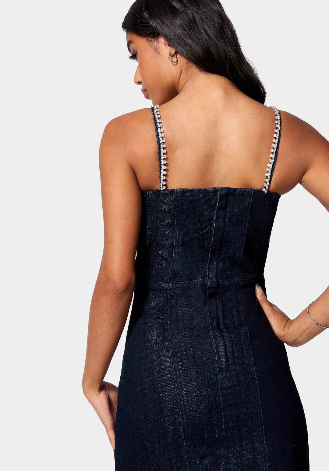 Bow Detail Rhinestone Strap Glitter Denim Dress Bow Detail Rhinestone Strap Glitter Denim Dress