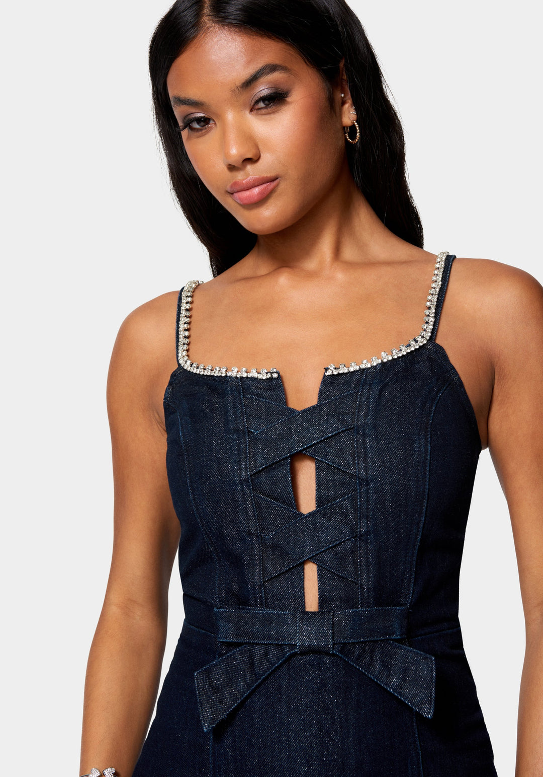 Bow Detail Rhinestone Strap Glitter Denim Dress Bow Detail Rhinestone Strap Glitter Denim Dress