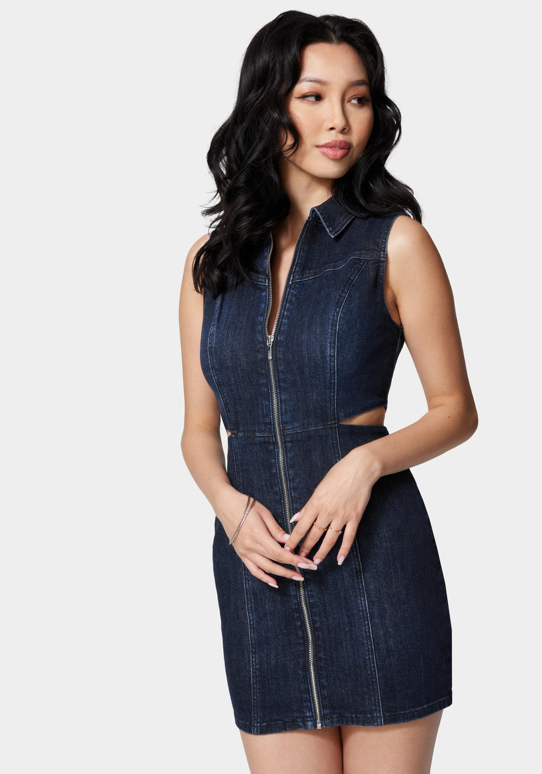 Front Zip Side Cut Out Denim Dress Front Zip Side Cut Out Denim Dress