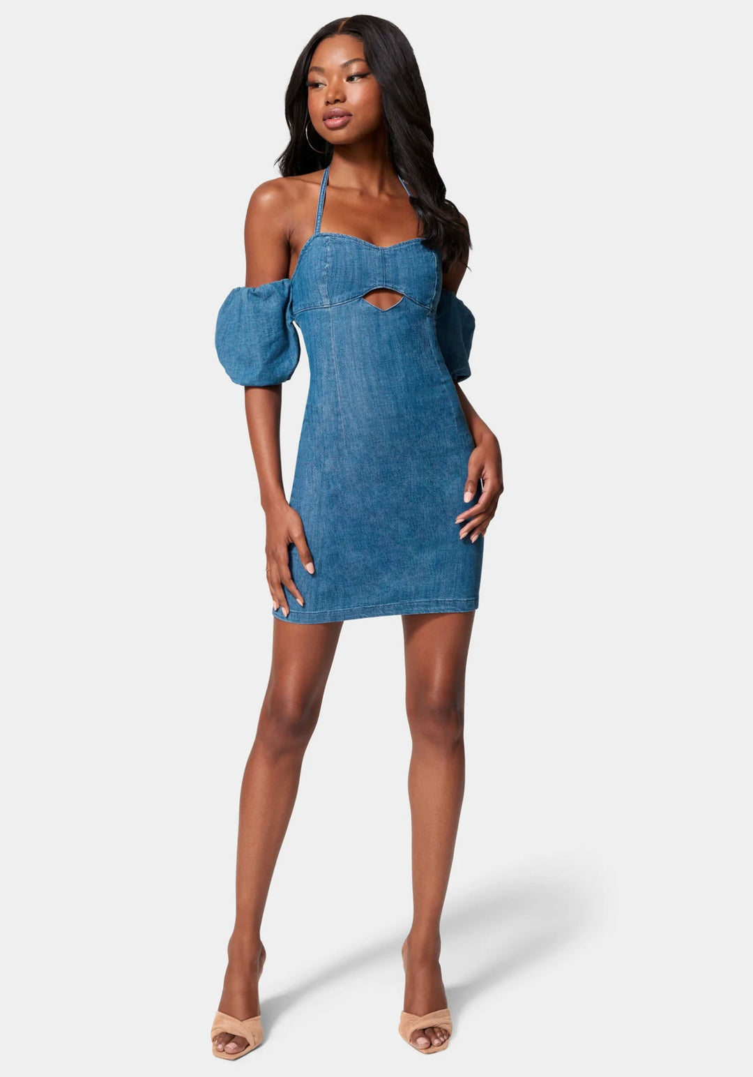 Off Shoulder Bubble Sleeve Denim Dress bebe Off Shoulder Bubble Sleeve Denim Dress bebe