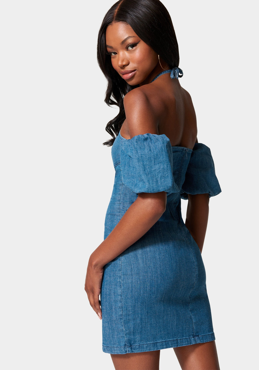 bebe denim dress Sleeve Detail Front Button Denim Dress