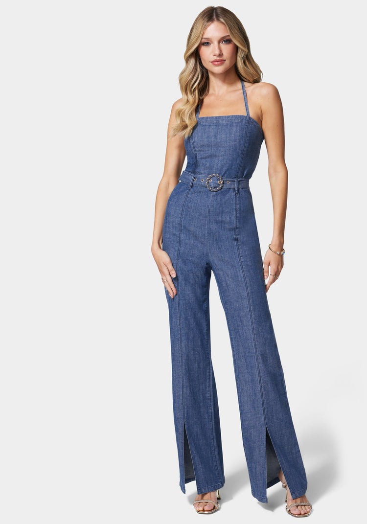 Front Slit Belted Wide Leg Denim Jumpsuit | bebe