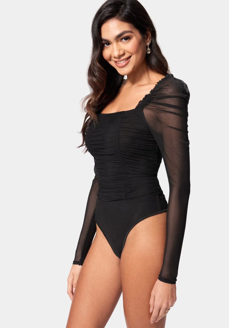 Ruched Mesh Puff Sleeve Bodysuit