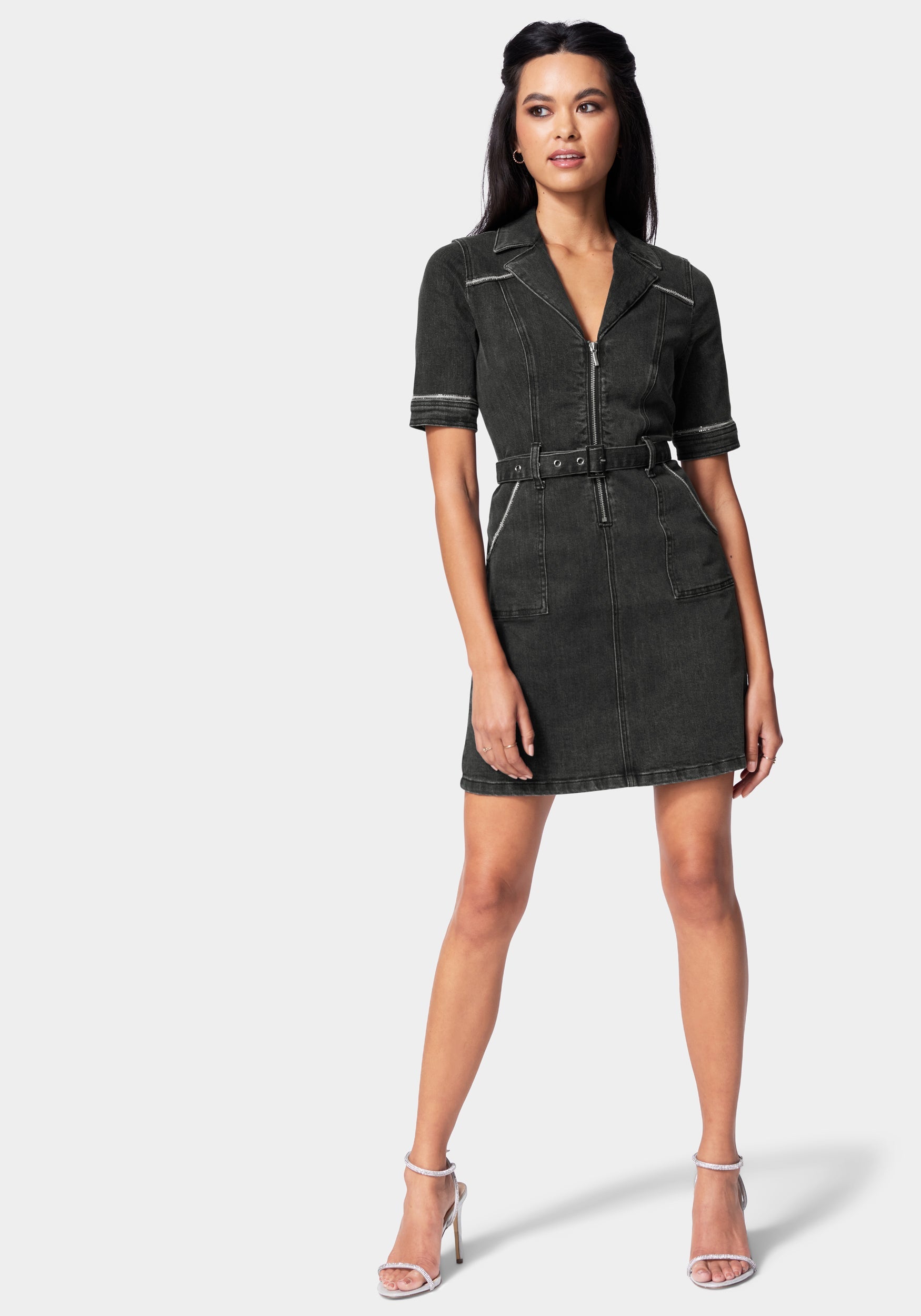 Rhinestone Trim Denim Dress – bebe