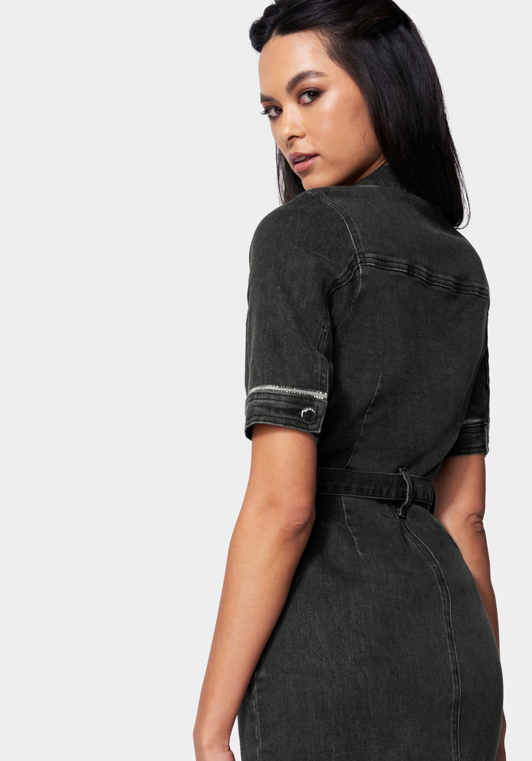Rhinestone Trim Denim Dress bebe Rhinestone Trim Denim Dress bebe