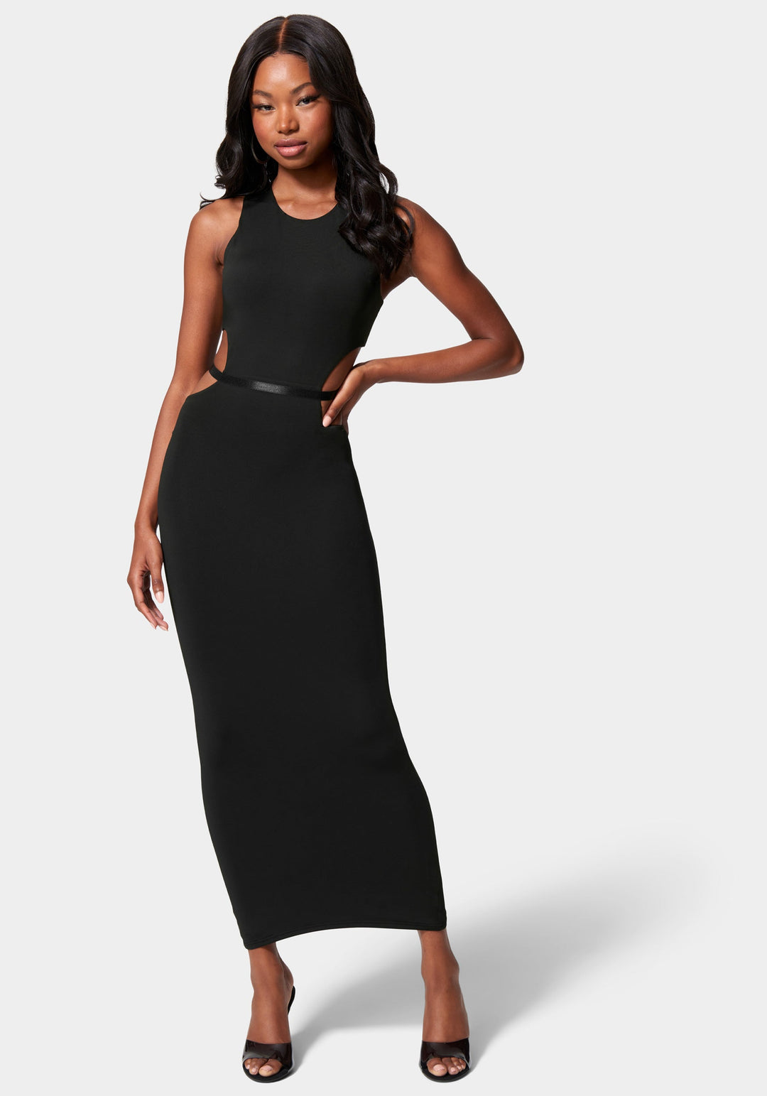 Slinky Side Cutout Midi Dress Jet Black - bebe Slinky Side Cutout Midi Dress Jet Black - bebe