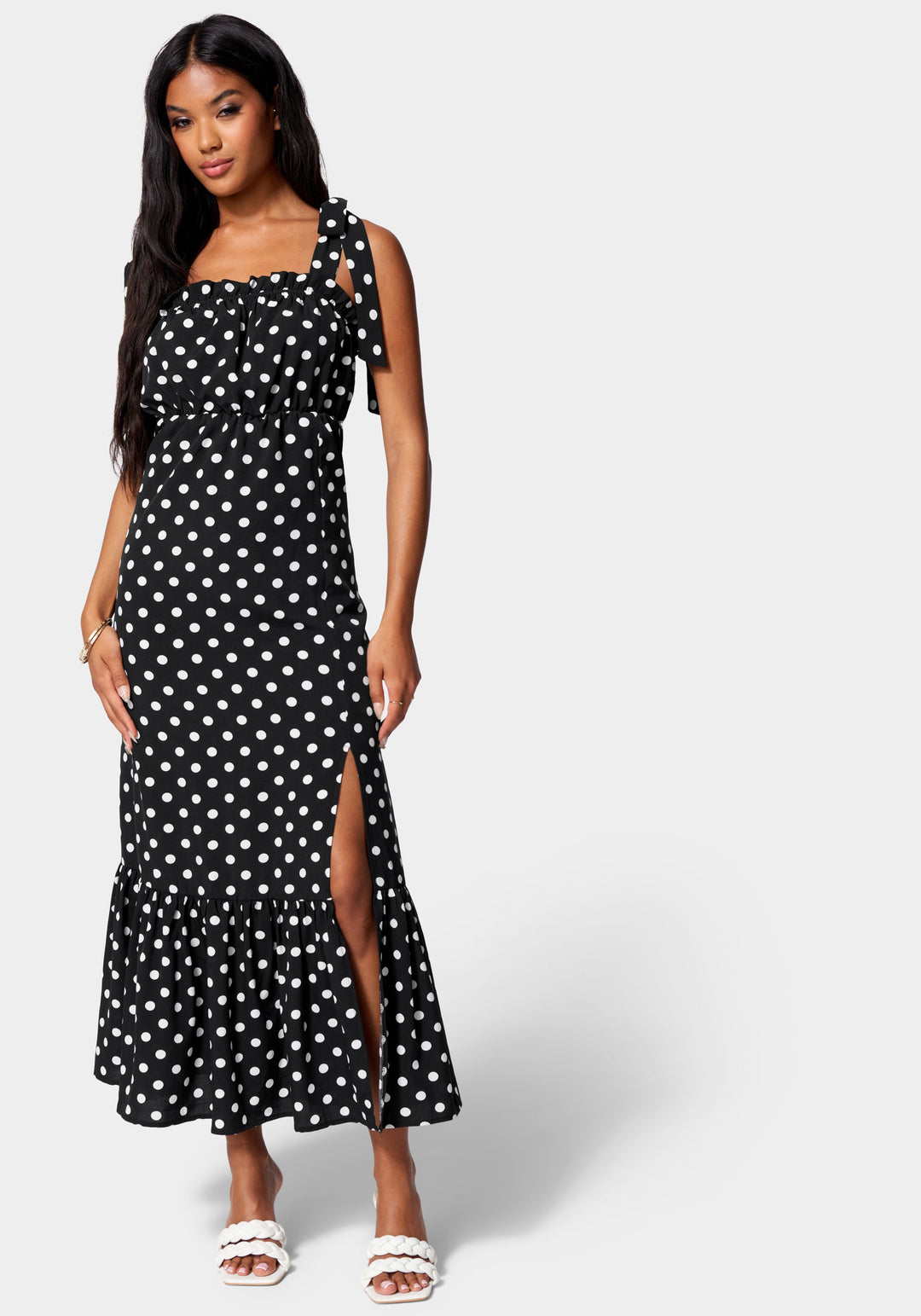 Banded Tiered Ruffle Midi Dress bebe Banded Tiered Ruffle Midi Dress bebe