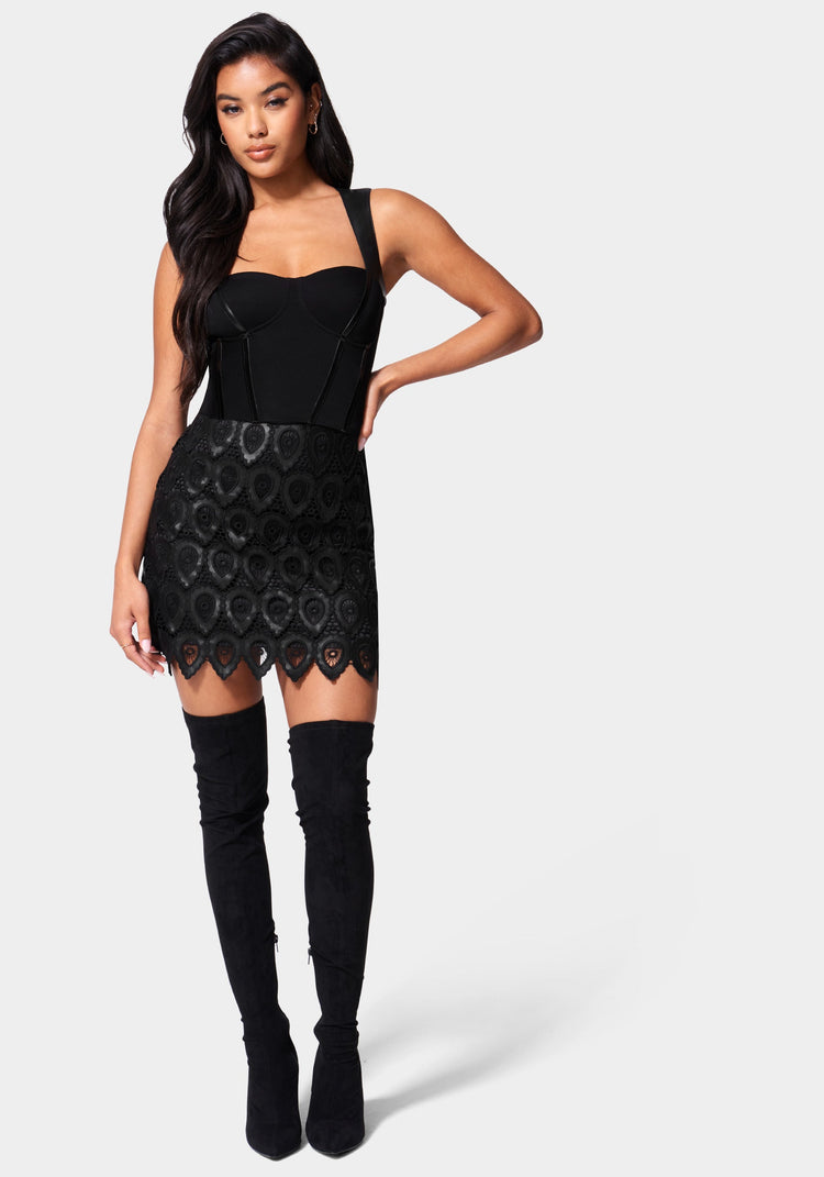 Black leather embroidered best sale skirt
