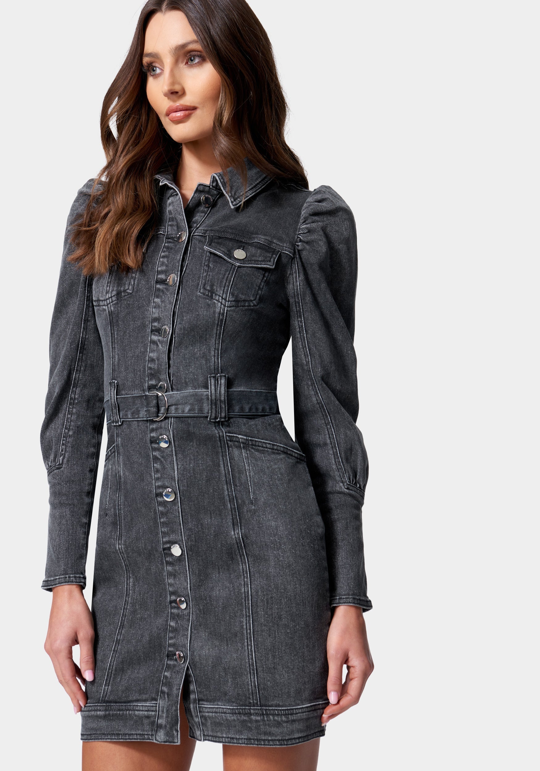 Plunge Button Up Half Sleeve Denim Dress