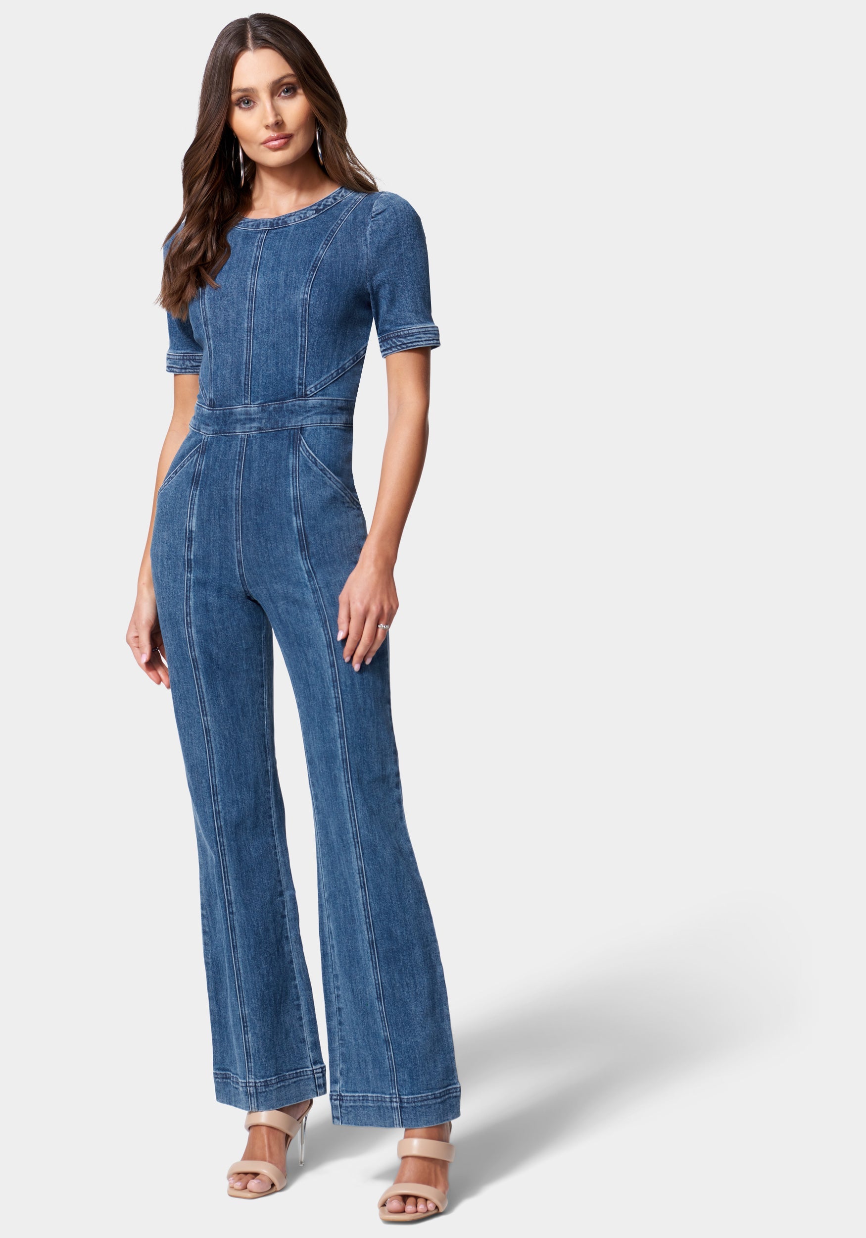 Puff Sleeve Denim Jumpsuit with Belted Waist