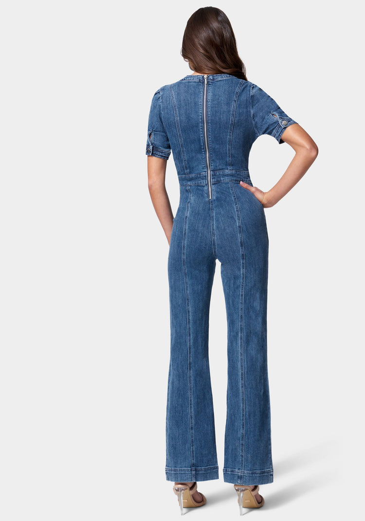 Lightweight Denim Cargo Style Straight Leg Jumpsuit