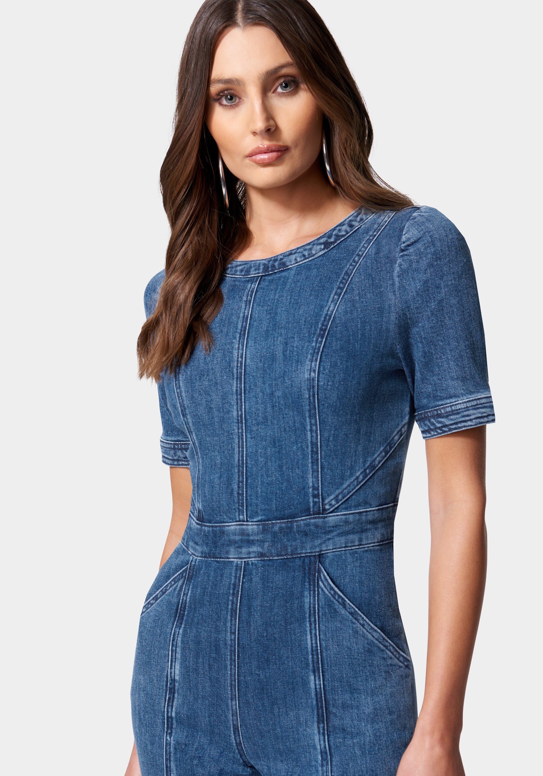 Puff Sleeve Denim Jumpsuit with Belted Waist main image 1