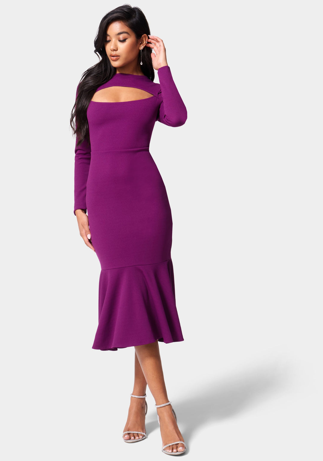Flounce Hem Long Sleeve Midi Dress bebe Flounce Hem Long Sleeve Midi Dress bebe