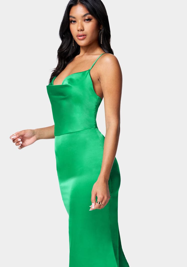 Petite Emerald Green Strappy Satin Cowl Midi Dress