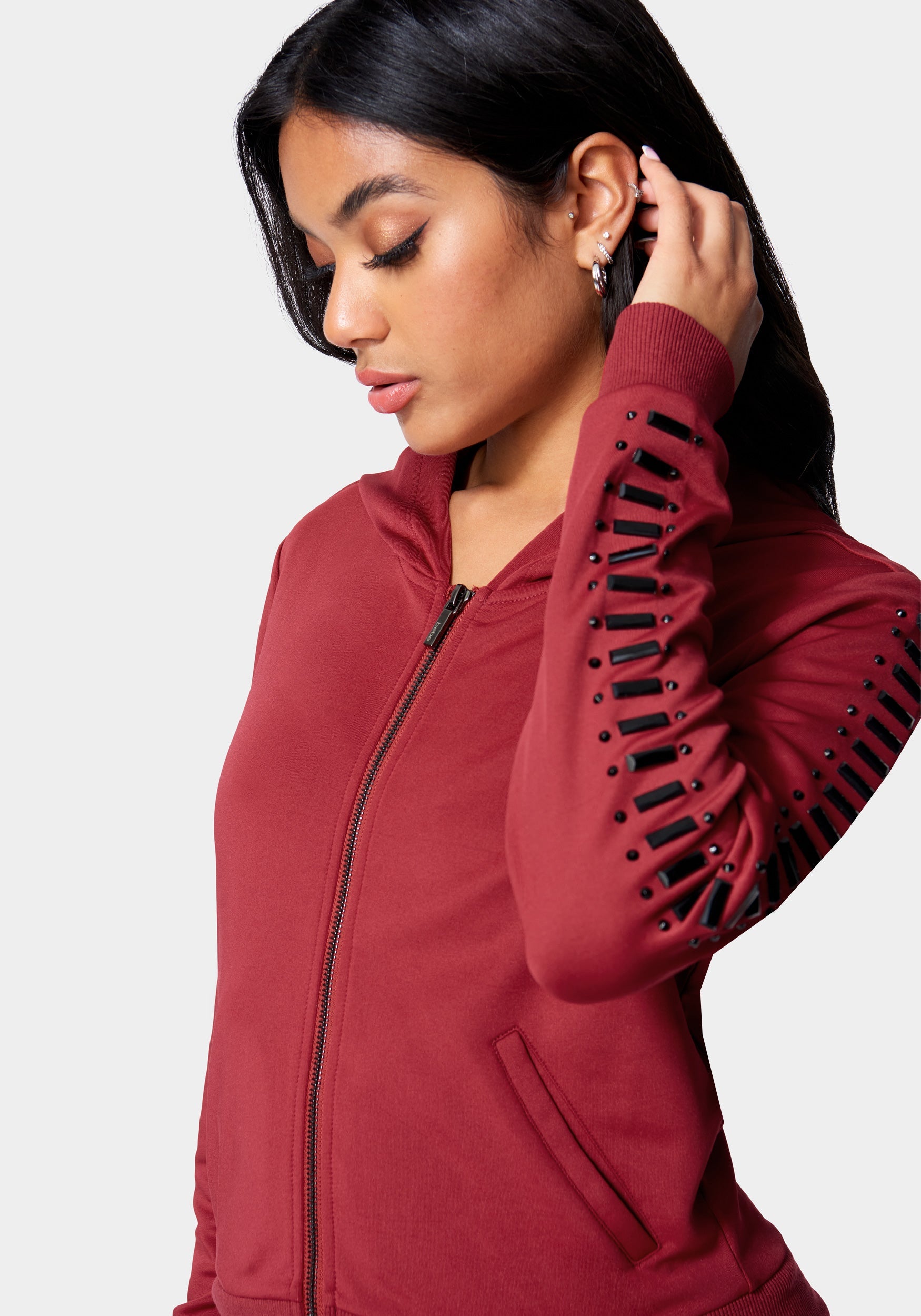 Scuba Embellished Zip Up Hoodie – bebe