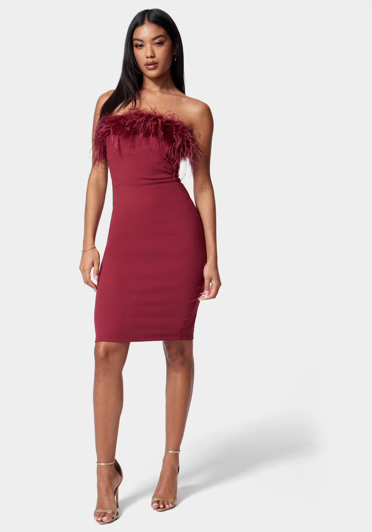 New Money | Burgundy Bodycon Sequin Mini Dress with Feather Trim, US 4 / Burgundy