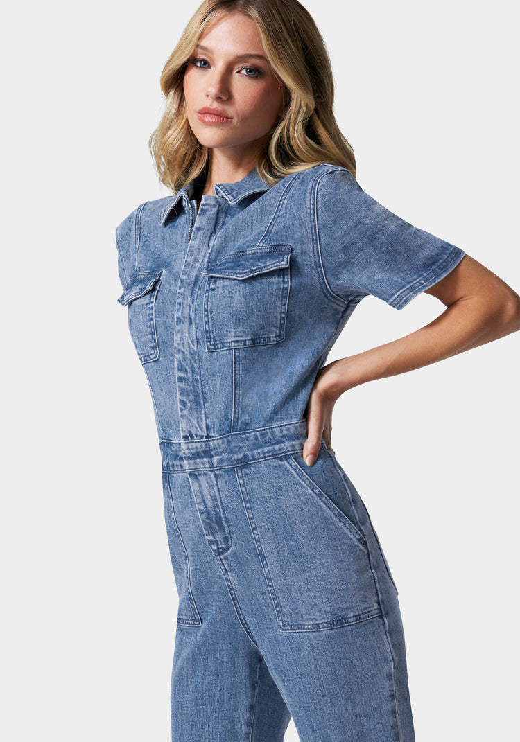 Bebe Women s Straight Leg Zip Front Denim Jumpsuit
