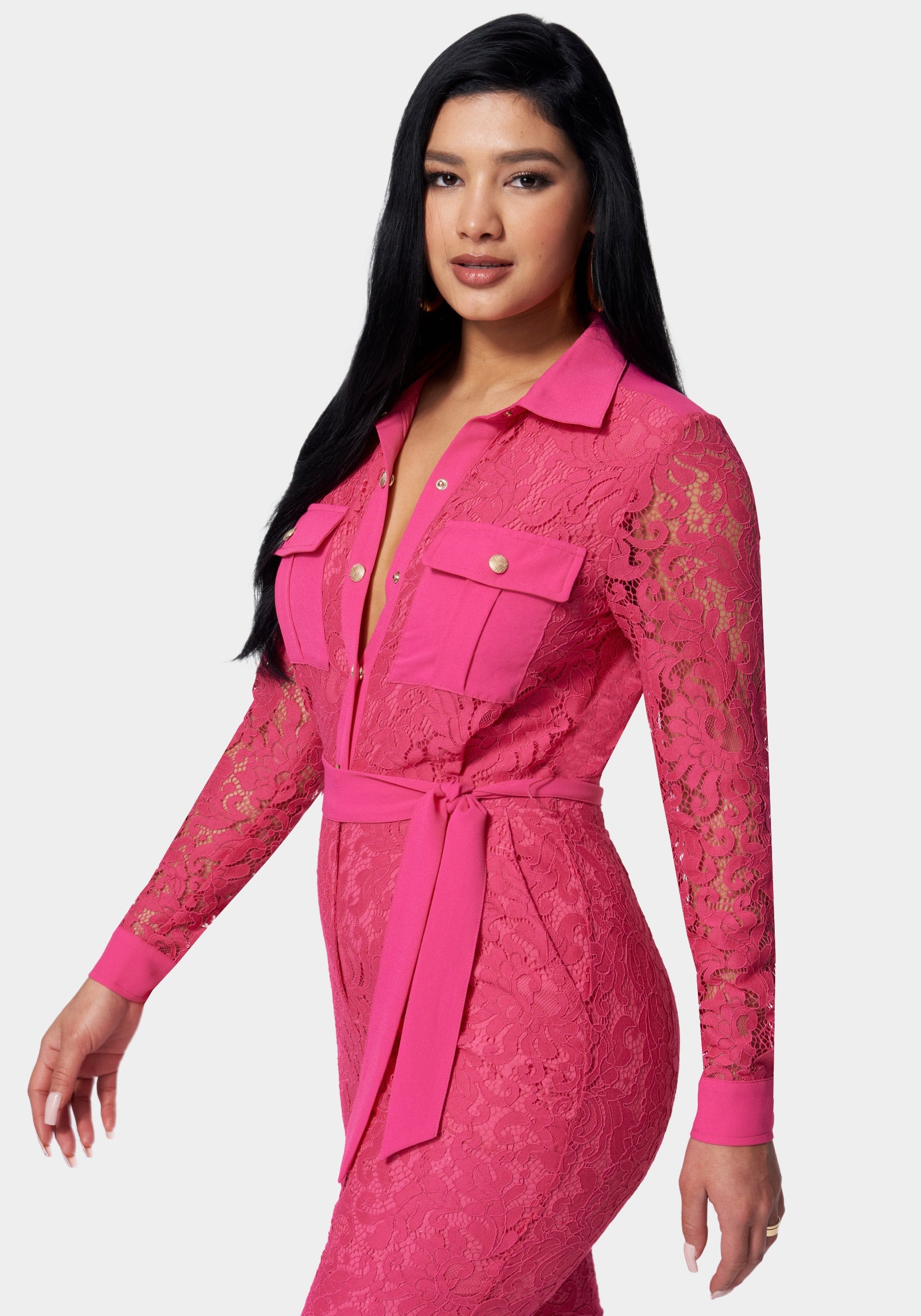 9038 Pink Jacket Collar Belted Jumpsuit