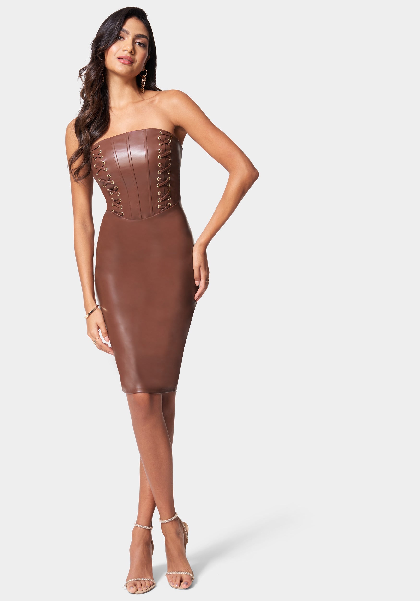Vegan Leather Strapless Corset Midi Dress – bebe