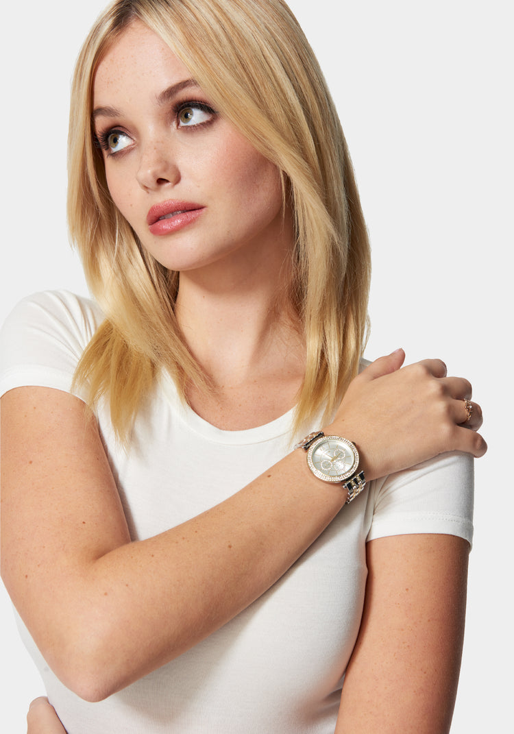 Two Tone Gold Silver Crystal Bezel Watch bebe
