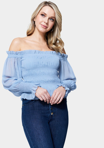 ae smocked off the shoulder top