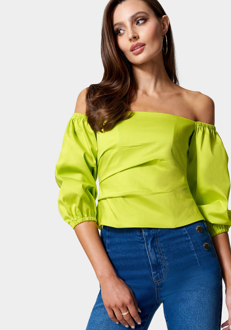 Poplin Bubble Sleeve Off Shoulder Draped Top | bebe