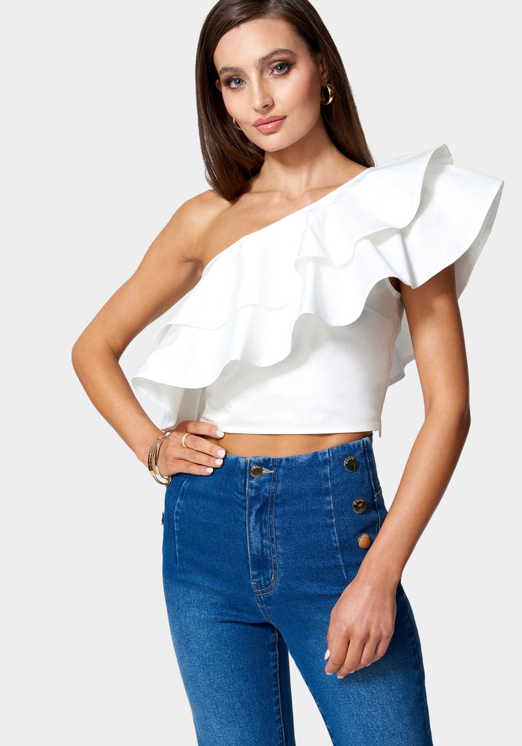White frill one shoulder discount top