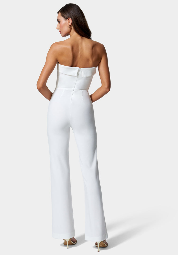 Knit Crepe Strapless Button Detail Wide Leg Jumpsuit bebe