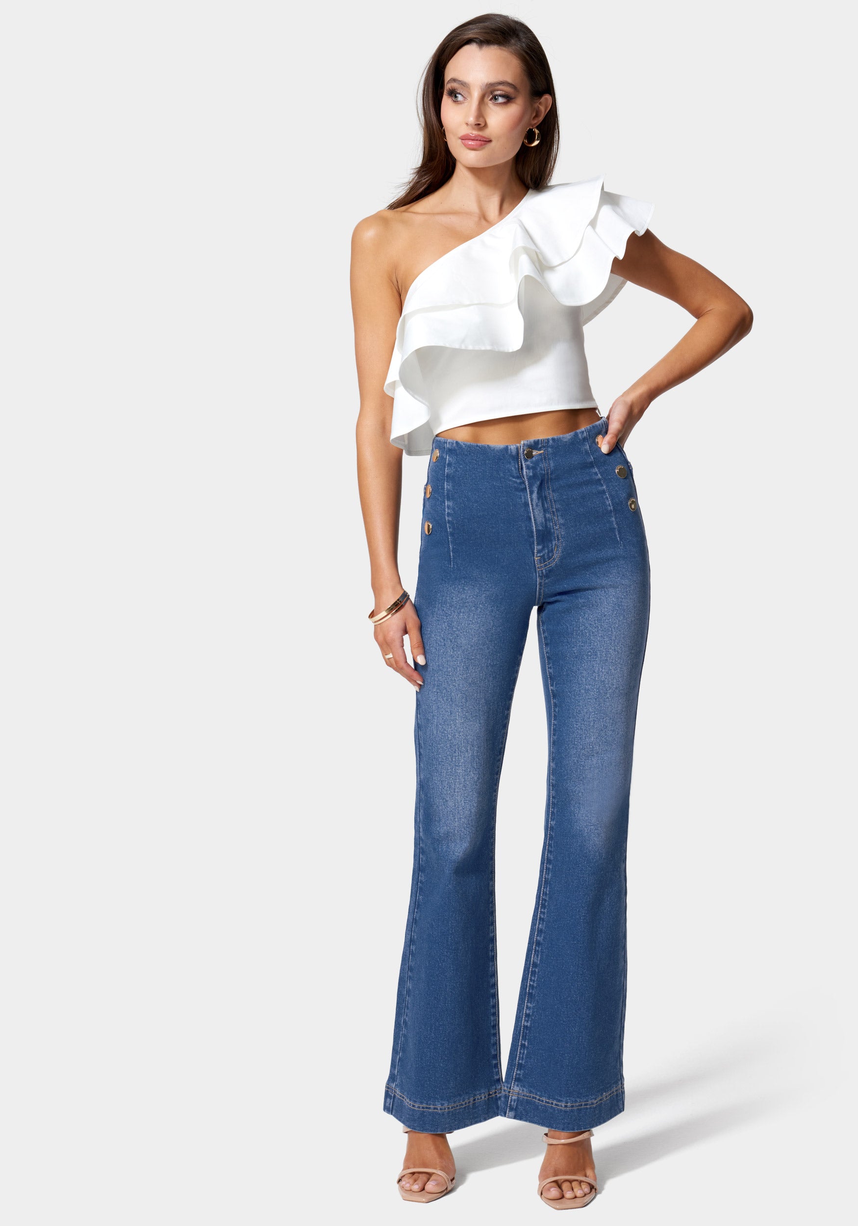 Button Decor High Rise Wide Leg Jeans