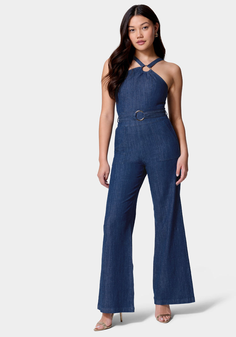 Lightweight Denim Cargo Style Straight Leg Jumpsuit