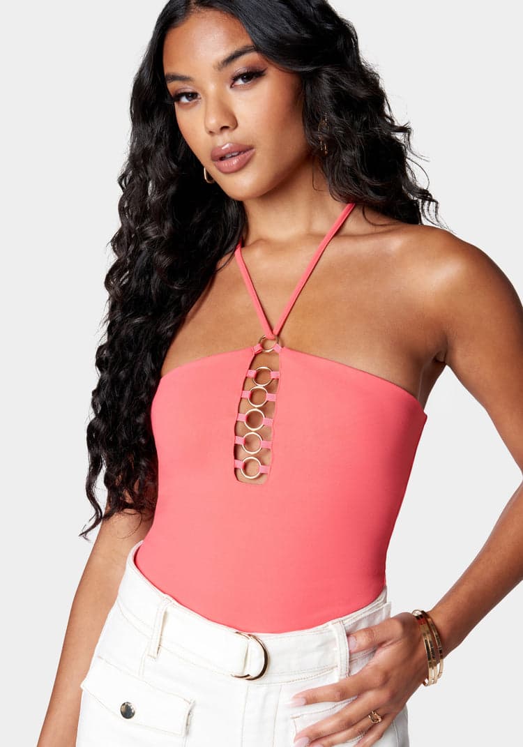 Missguided Long Sleeve Satin Corset Detail Bodysuit in Pink