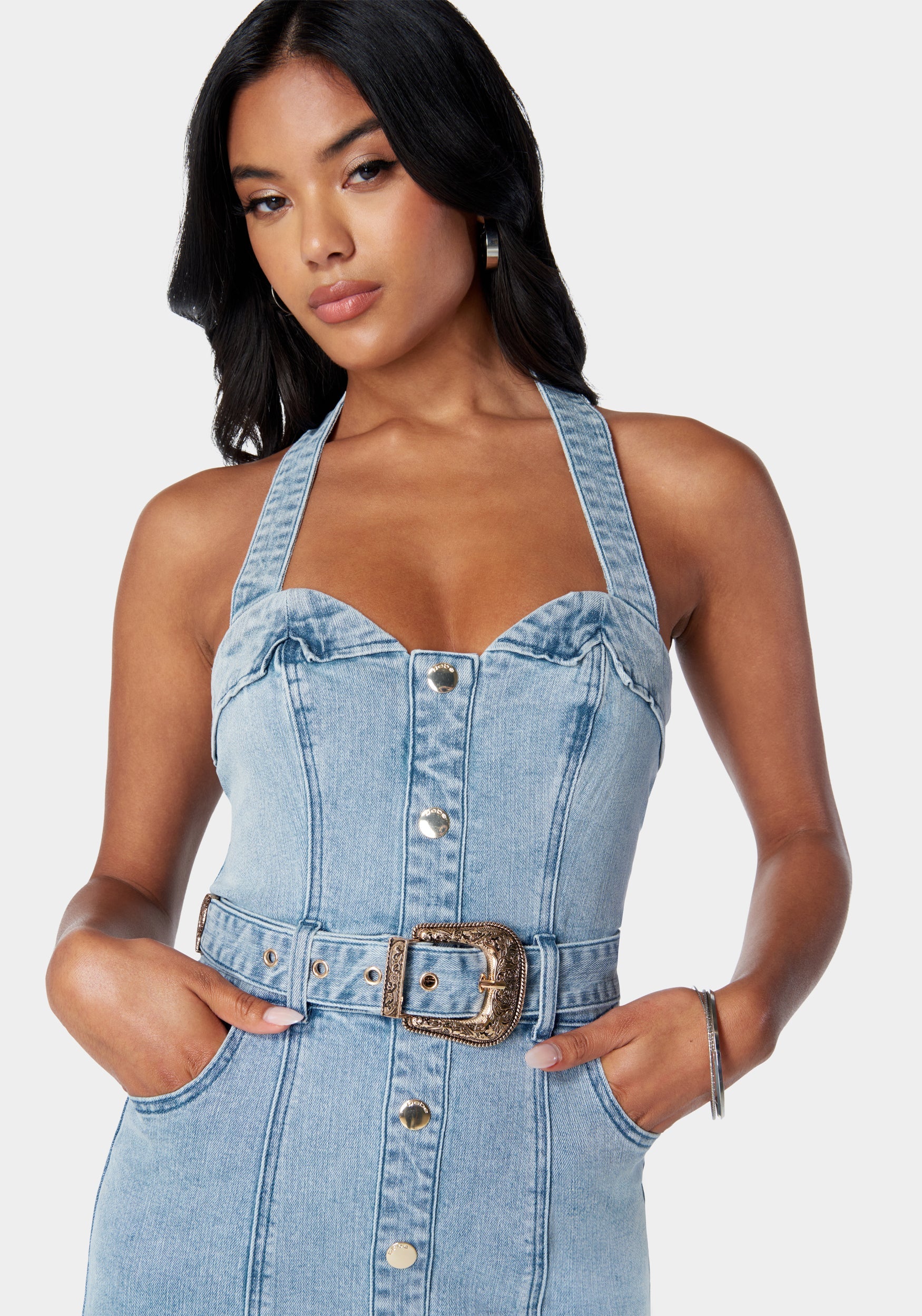Chic Halter Denim Pleated Dress