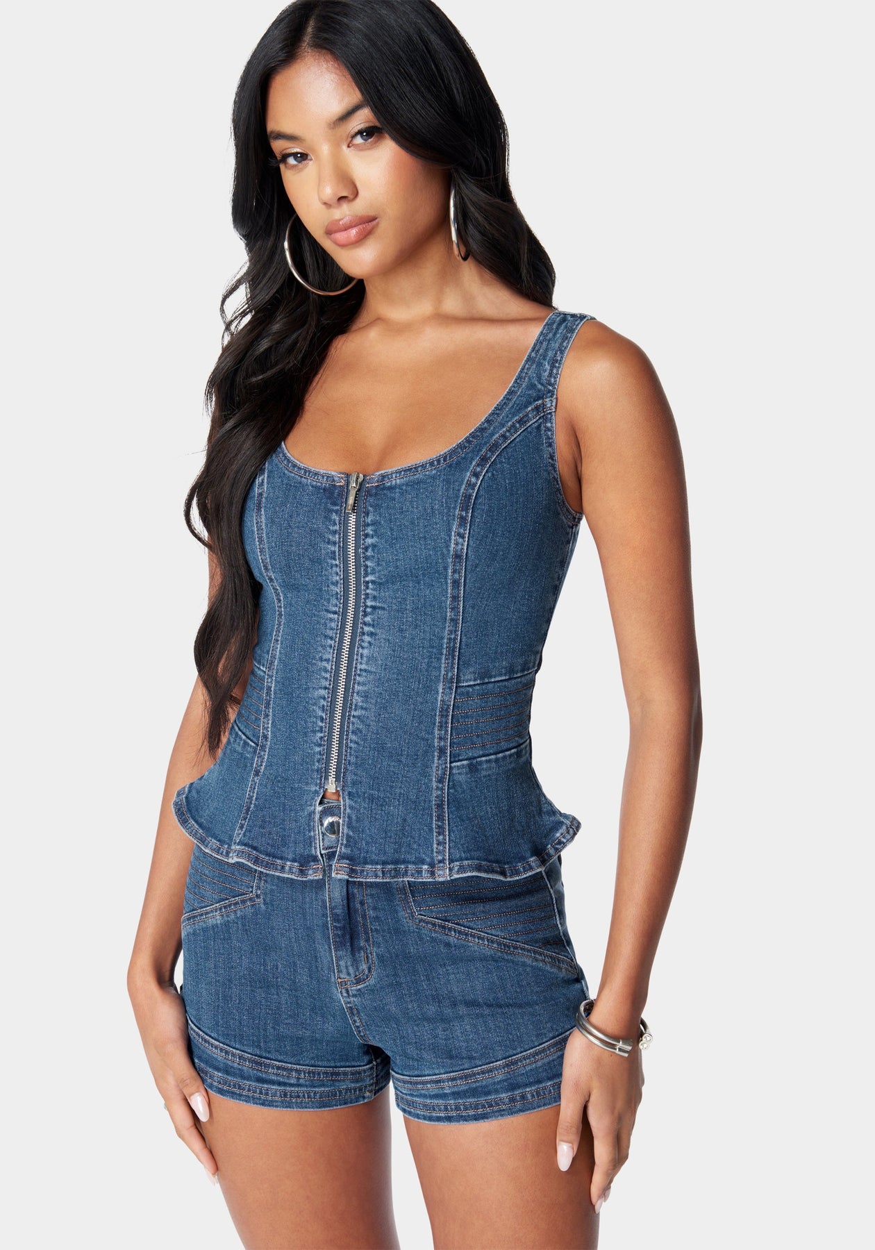 Zip Front Peplum Denim Top – bebe