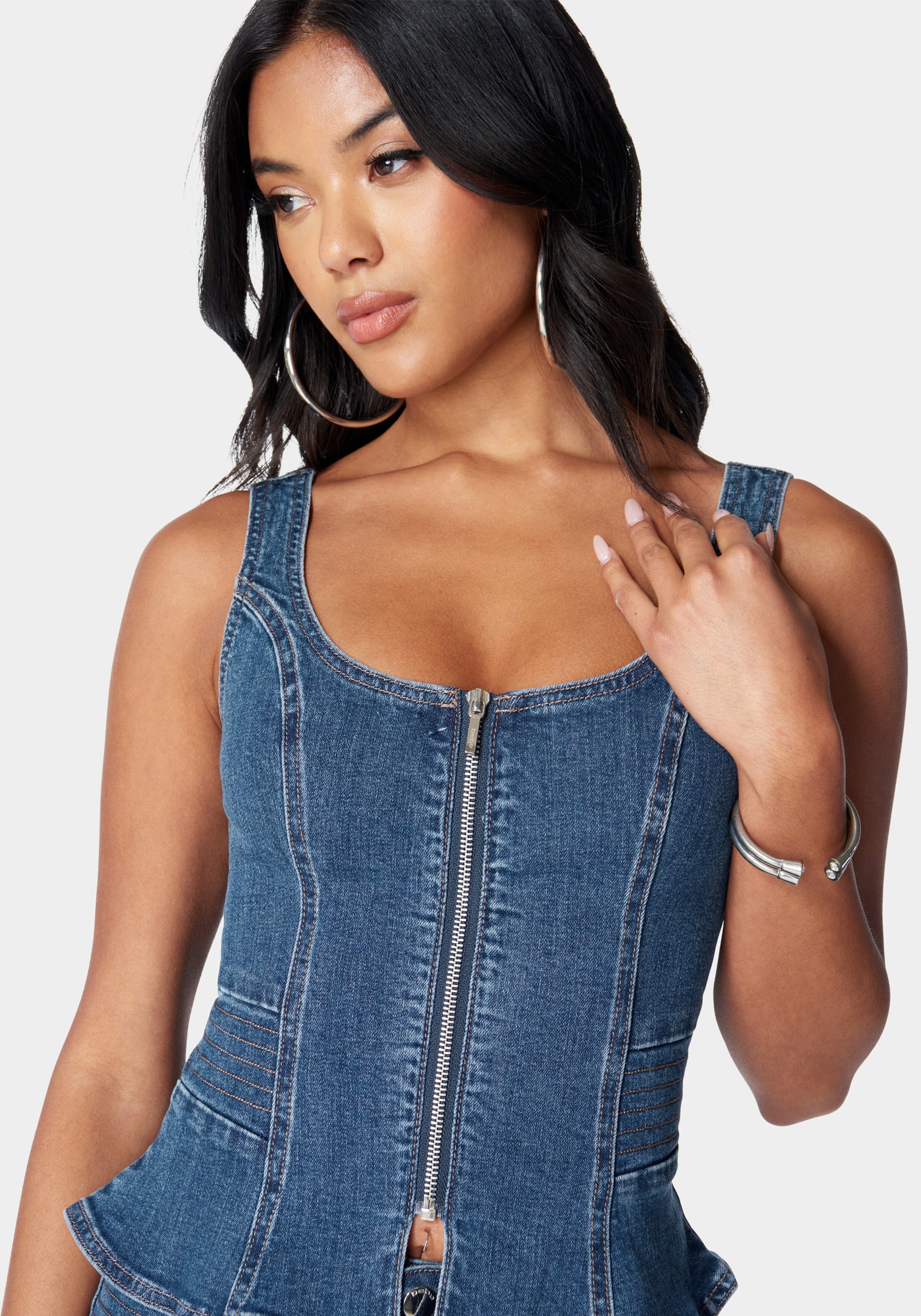 MANON⭐️TWILL PEPLUM BLOUSE Zip Front Peplum Denim Top – bebe