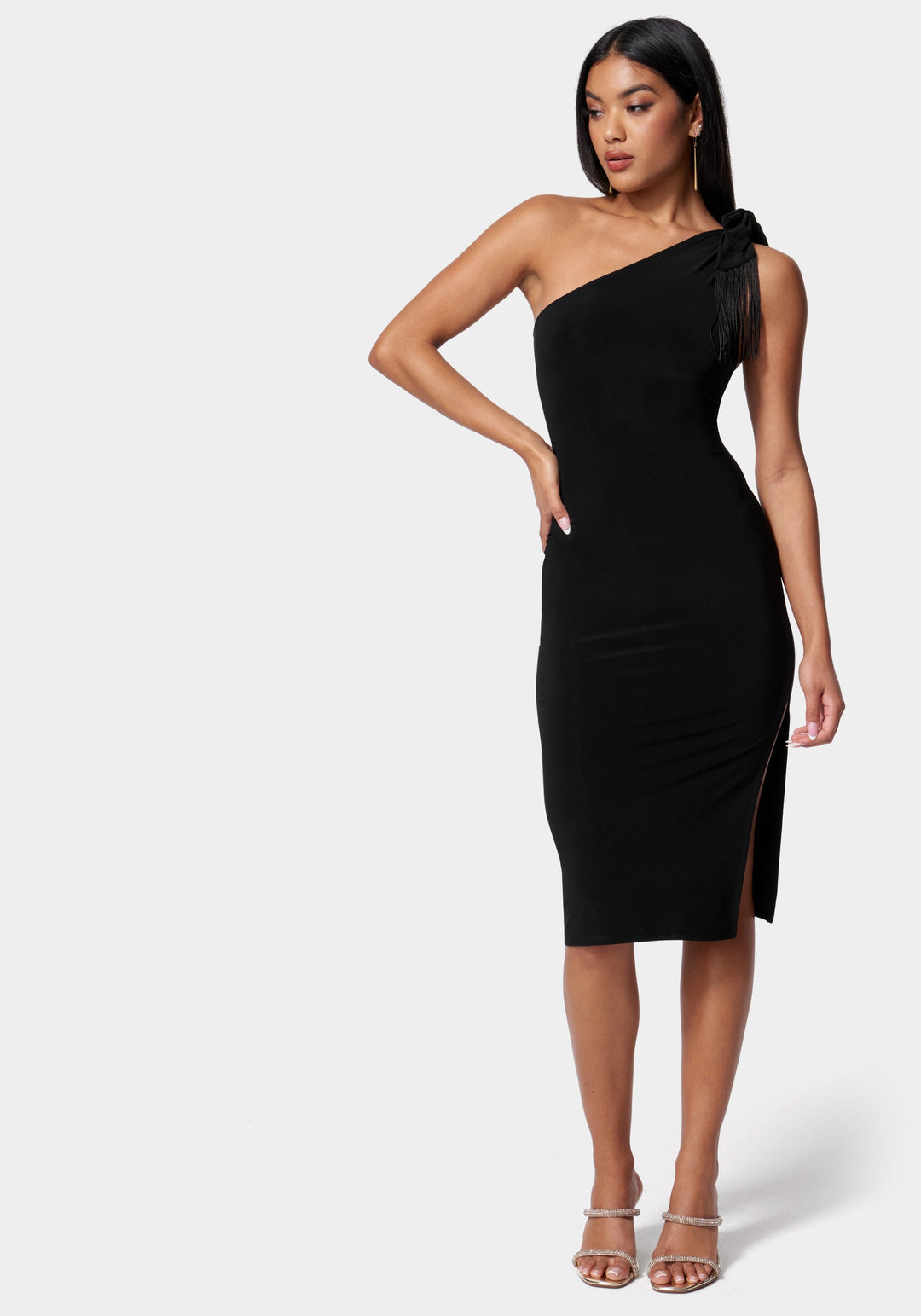 One Shoulder Fringe Bodycon Dress bebe One Shoulder Fringe Bodycon Dress bebe