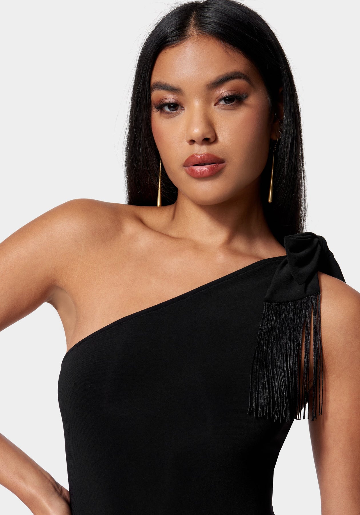 One Shoulder Fringe Bodycon Dress bebe One Shoulder Fringe Bodycon Dress bebe