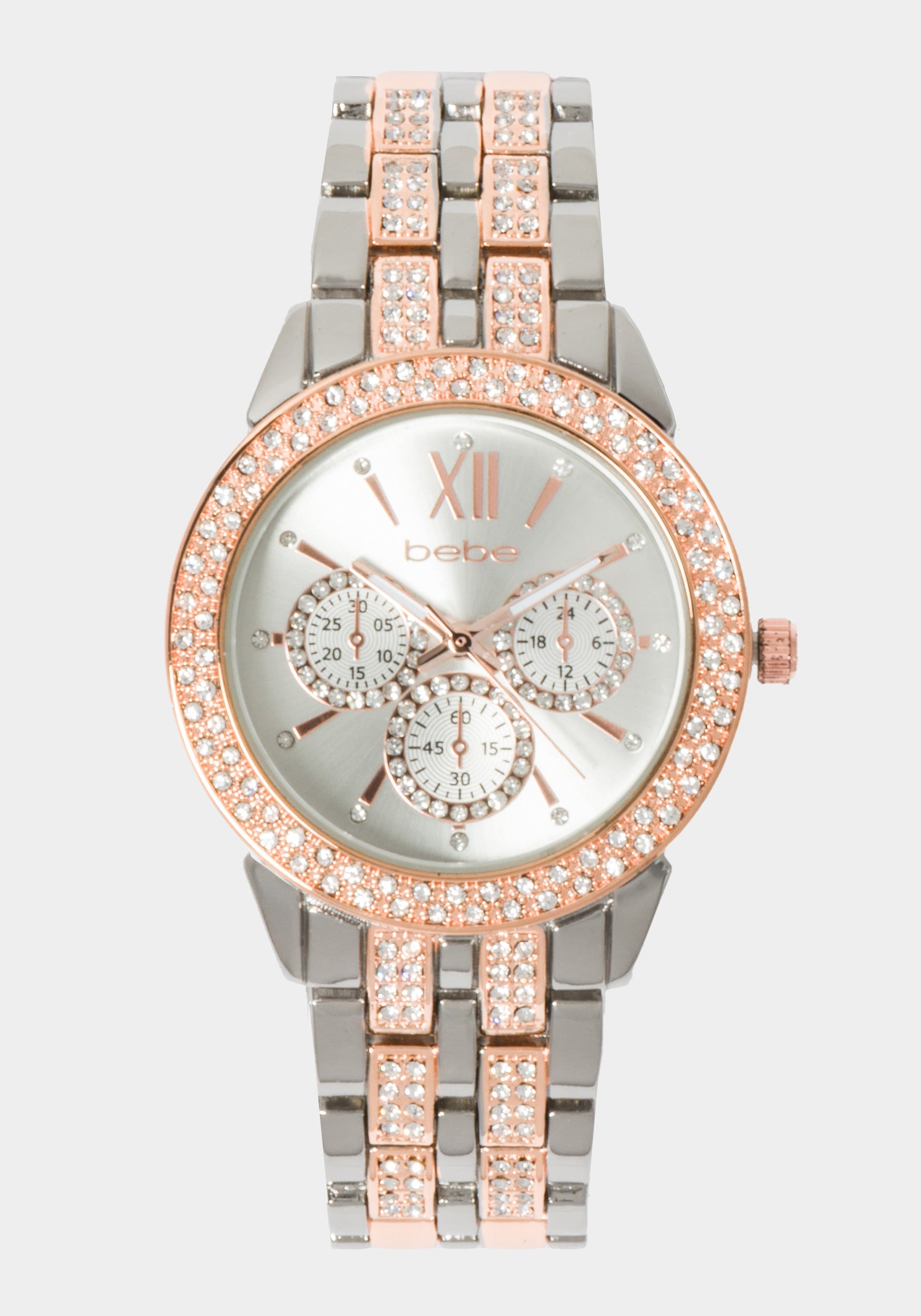Silver Dial Crystal Bezel Watch - Two-Tone Rose Gold & Silver - bebe